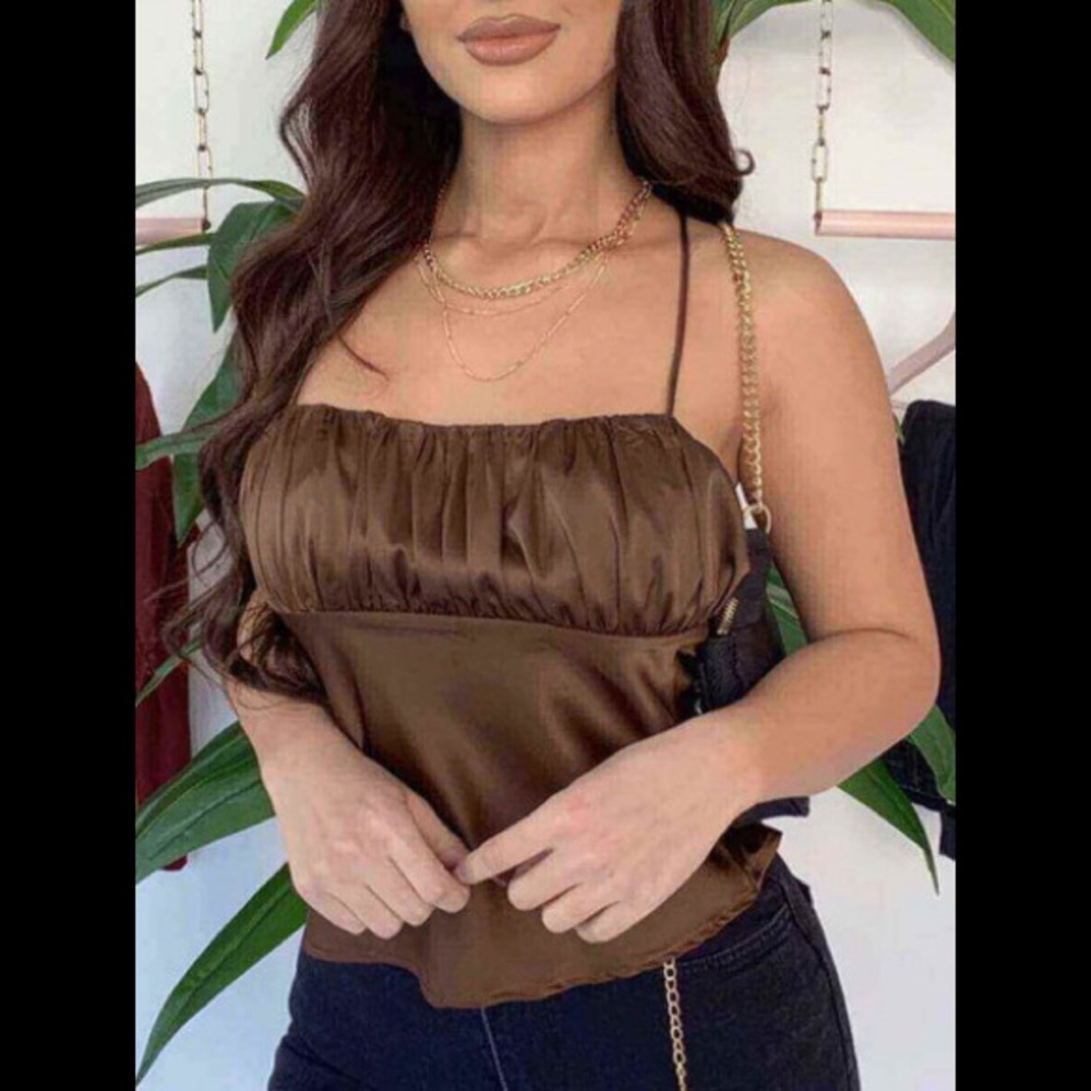 Brown Laced Backless Crisscross Back Tie W/Ruched Front Sexy Crop Cami Top